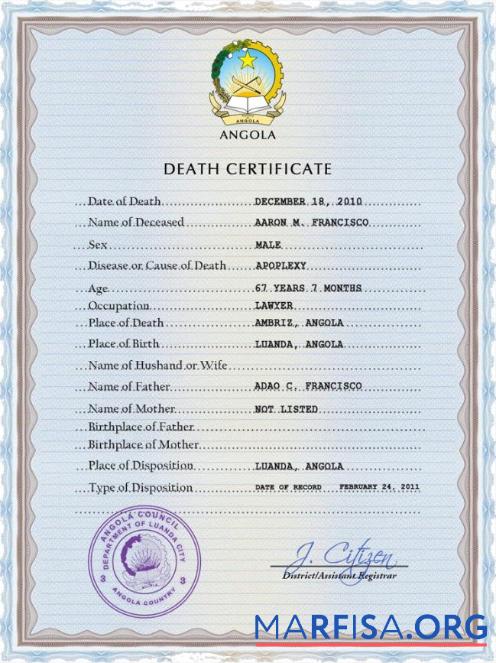 Downloadable Angola vital record death certificate PSD template